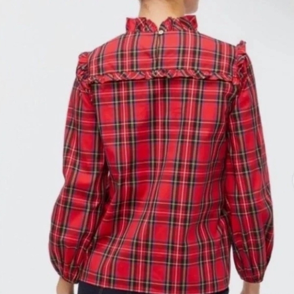 J. Crew | Women's Red Tartan Plaid Ruffle Neck Blouson Sleeve Top - Picture 15 of 16